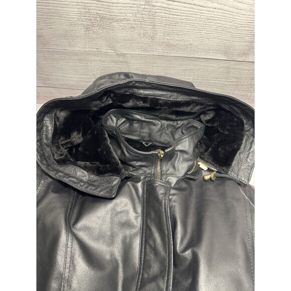 Veranesi Women's Genuine Leather Coat 28W Plus Black Faux Fur Lined Hood Parka - Picture 10 of 16